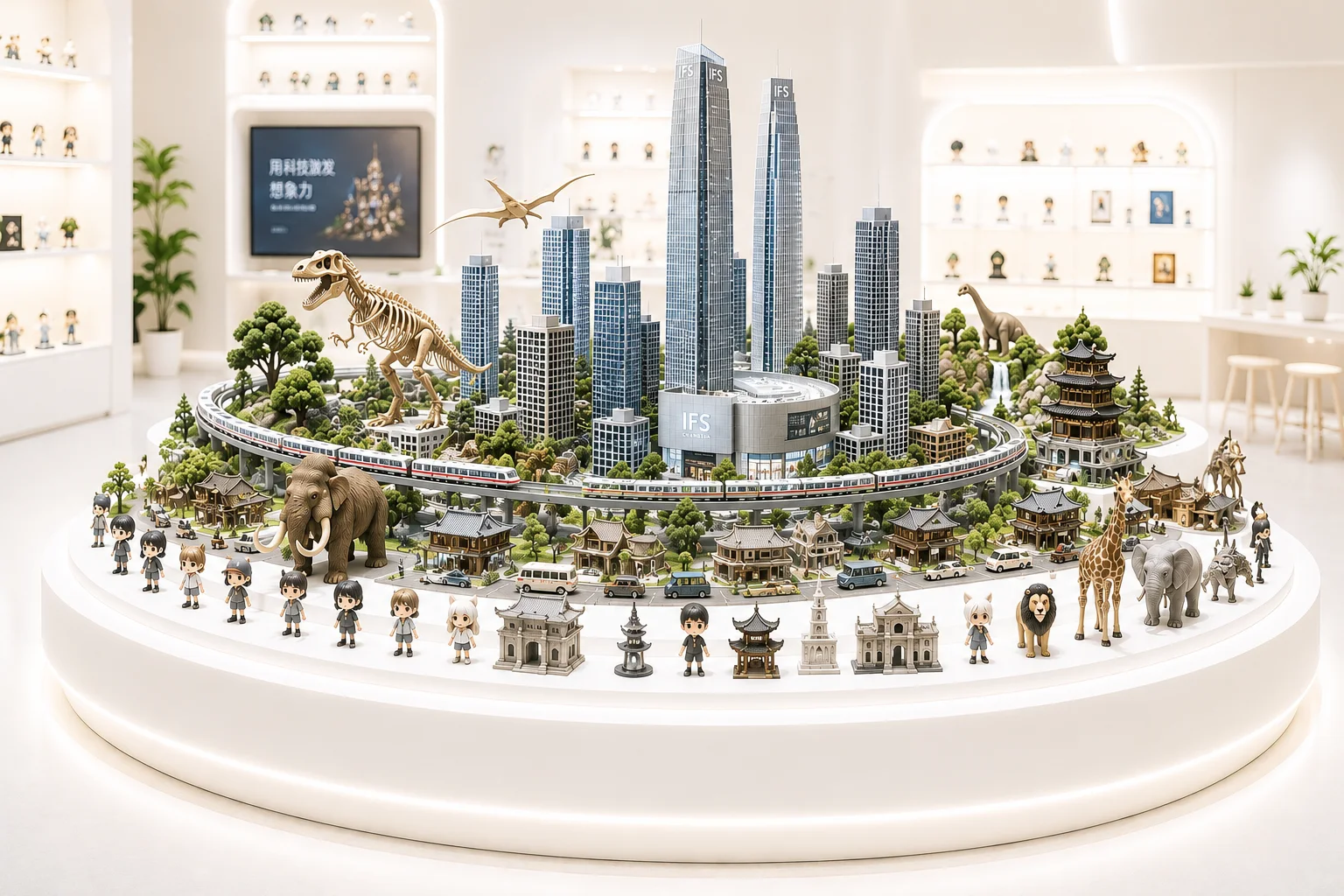 由建筑、交通、自然和动物模型组成的微缩创造城市